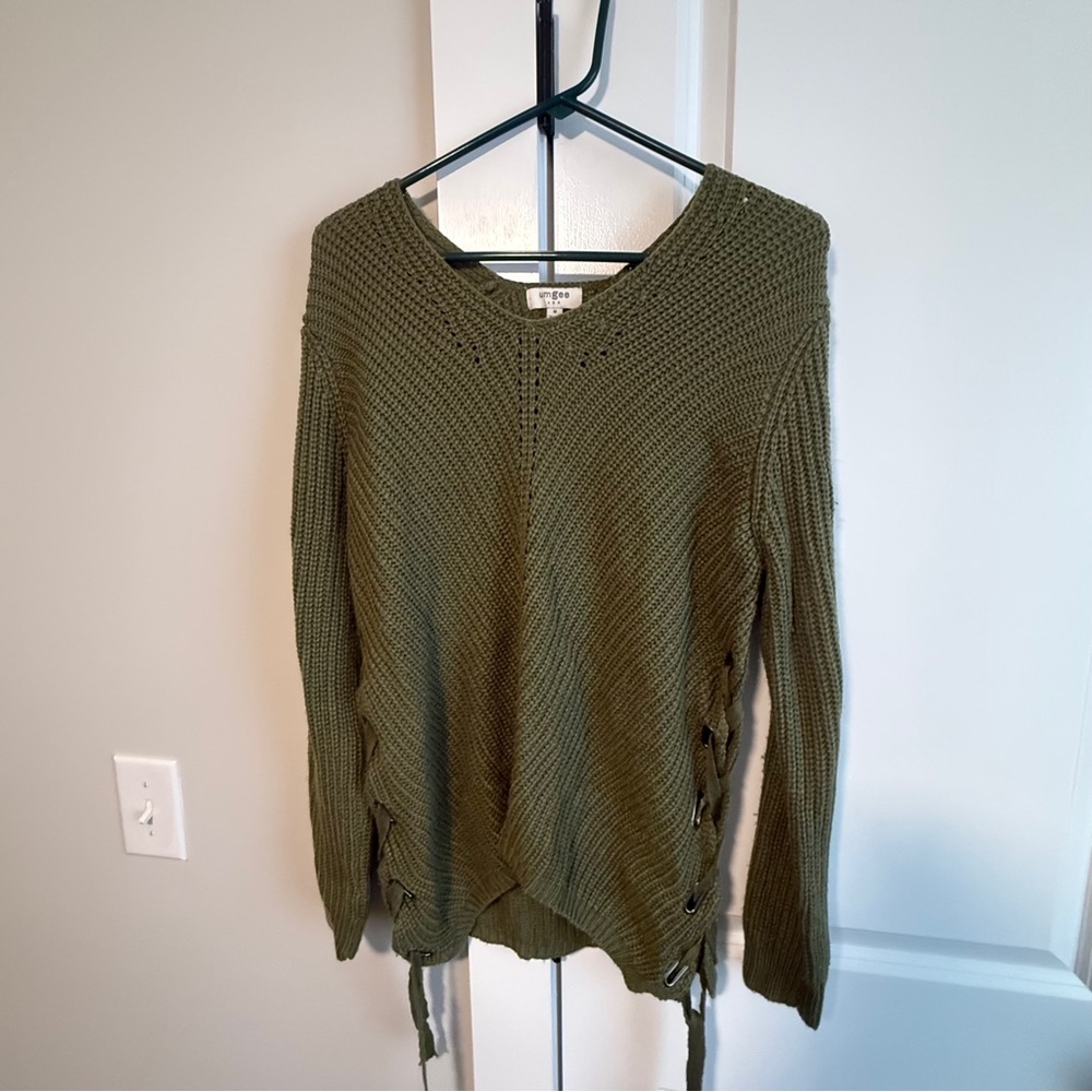 Umgee Olive Knit Sweater with Side Ties